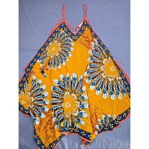 Jealous Tomato Yellow & Blue Boho Feathers Floral Handkerchief Dress Sundress S